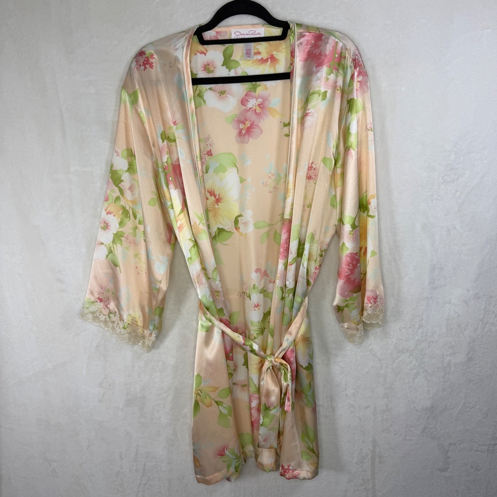 Oscar de la Renta Pink‎ Label Robe Womens M Peach Floral Satin Lace Trim Kimono